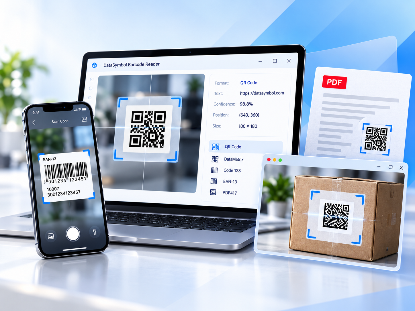 DataSymbol barcode recognition on laptop, smartphone, PDFs and live camera